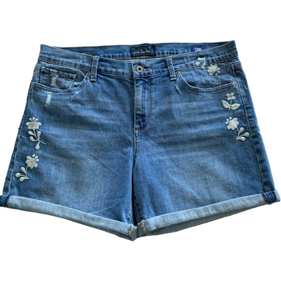 LUCKY BRAND Womens' Blue Palms Floral Embroidered Roll Up Denim Shorts Sz 14/32 - Picture 4 of 8